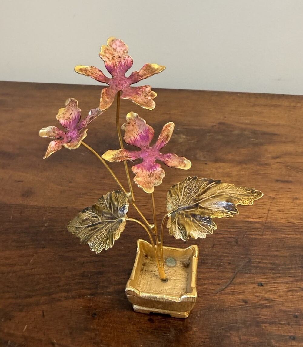Vintage 1960s Bovano Cheshire Enamel Copper Flower Sculpture Footed Pot